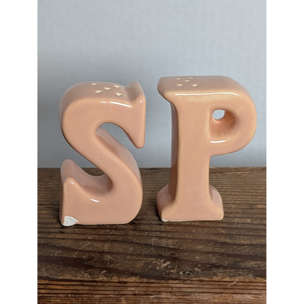 Vintage Pink Ceramic Letter S & P Salt & Pepper Shakers Set – Missing Stoppers